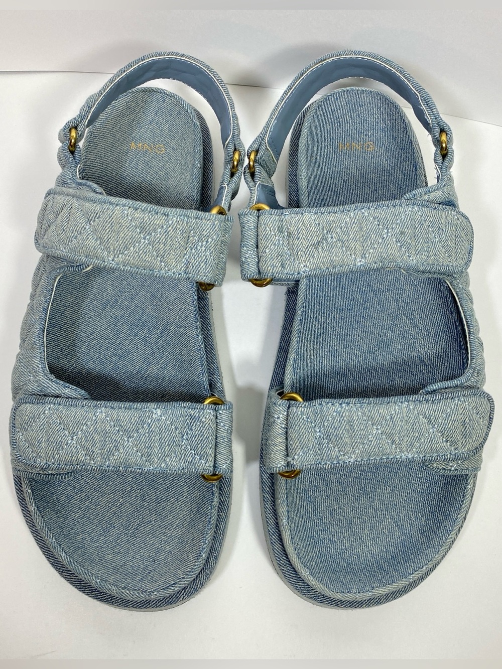 Mango MNG Denim Sandals Sz 41 Quilted Adjustable Straps Chunky Boho Comfort NWTB